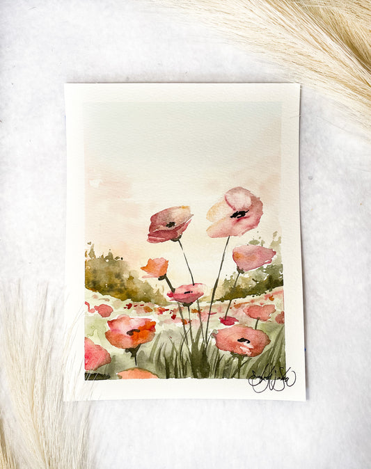 ORIGINAL Watercolor Poppy Field